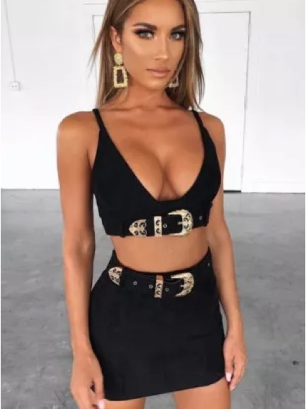 Black Zali Set Top and Mini Skirt NWT Gold Buckles